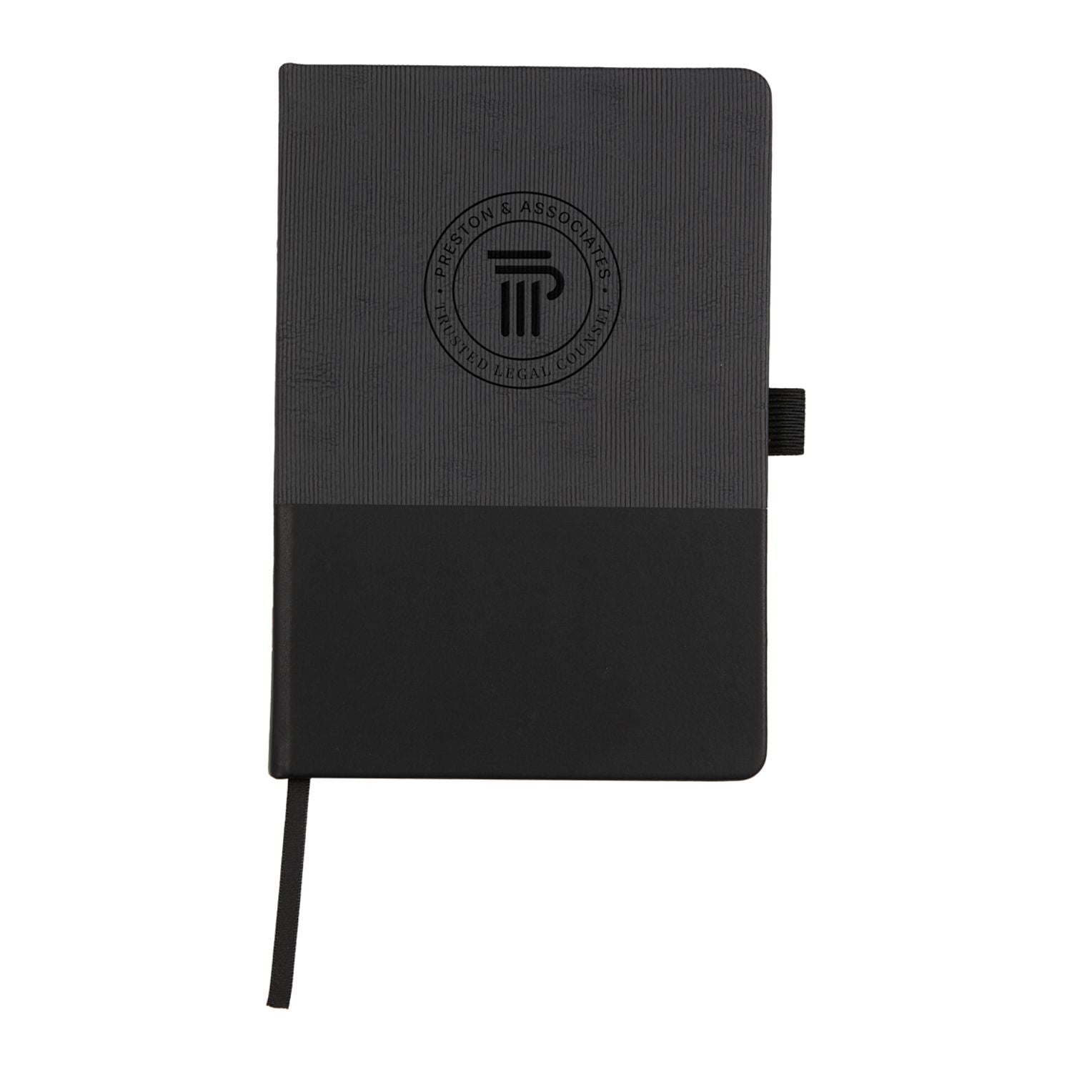 Black notebook with a logo on a white background