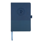 Blue notebook with a logo on a white background