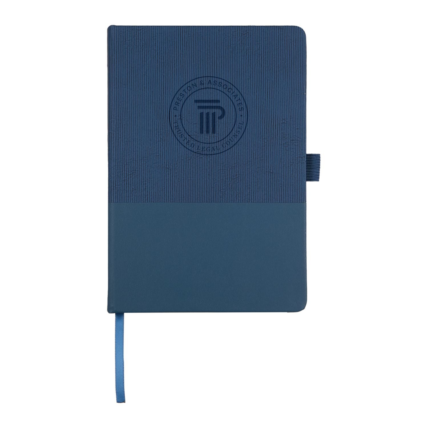 Blue notebook with a logo on a white background