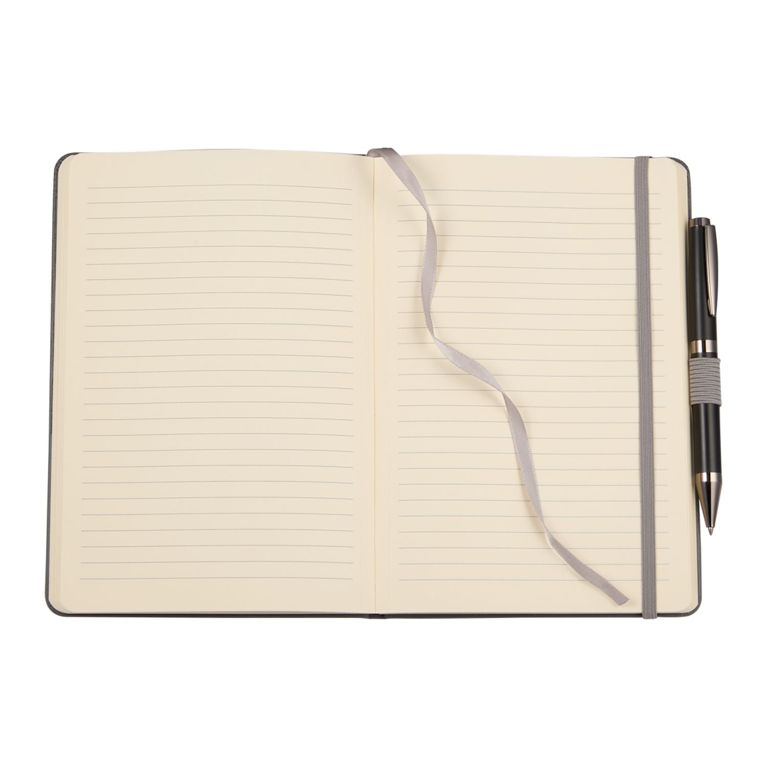 Open notebook with lined pages and a pen on a white background