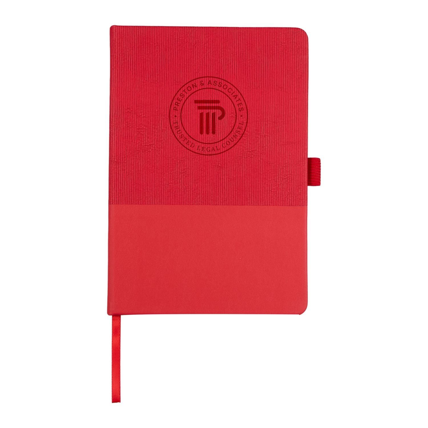Red notebook with a logo on a white background