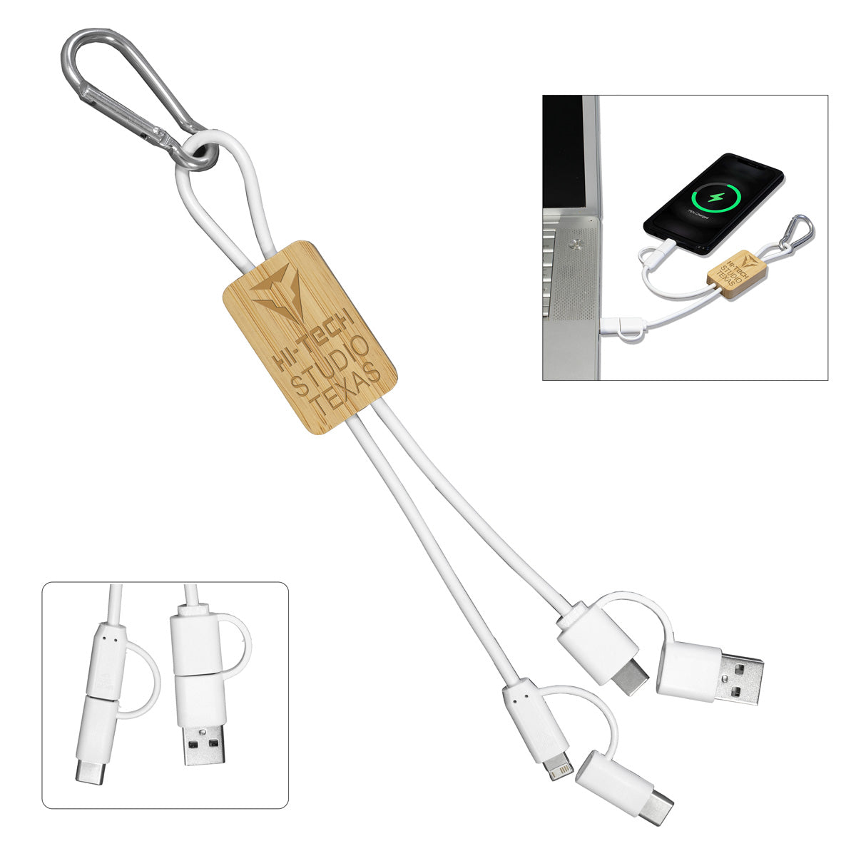 5-in-1 Bamboo Cell Phone Charging Cable w/ Carabiner with a laser engraved logo
