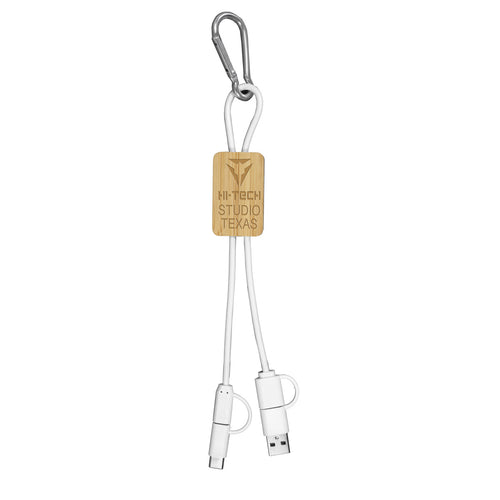 5-in-1 Bamboo Cell Phone Charging Cable w/ Carabiner with a laser engraved logo