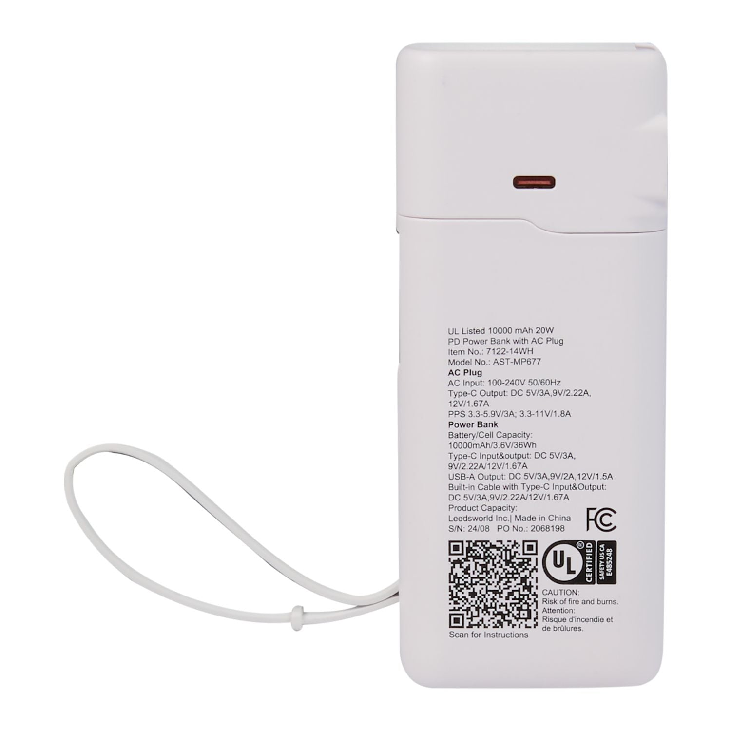 UL Listed 10,000 mAh 20W PD Power Bank with AC Plug