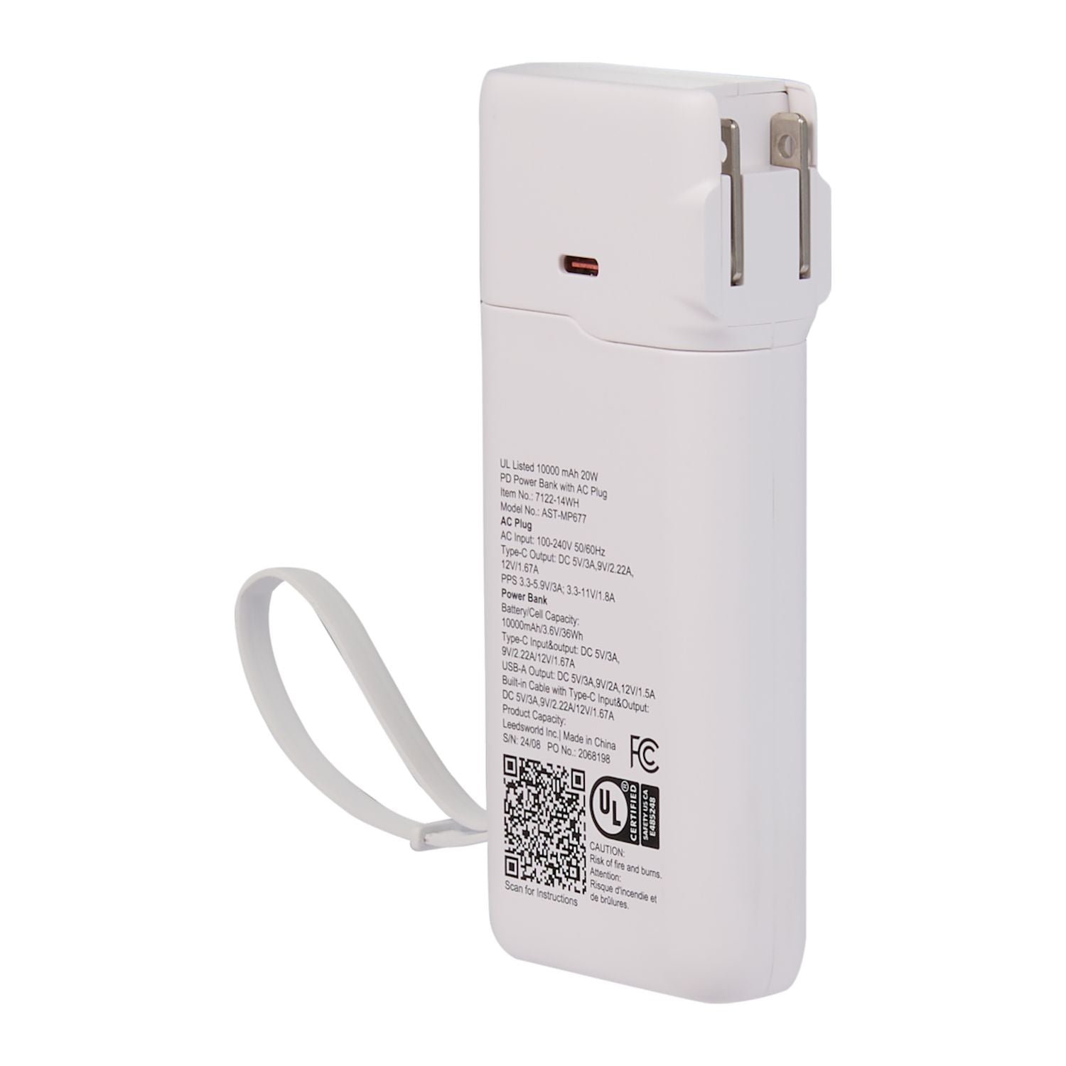 UL Listed 10,000 mAh 20W PD Power Bank with AC Plug