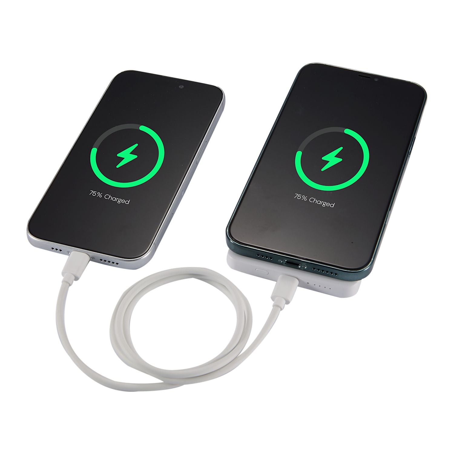 two smartphones shown charging beside MI Power 5000 mAh MagClick™ 15W Wireless Power Bank