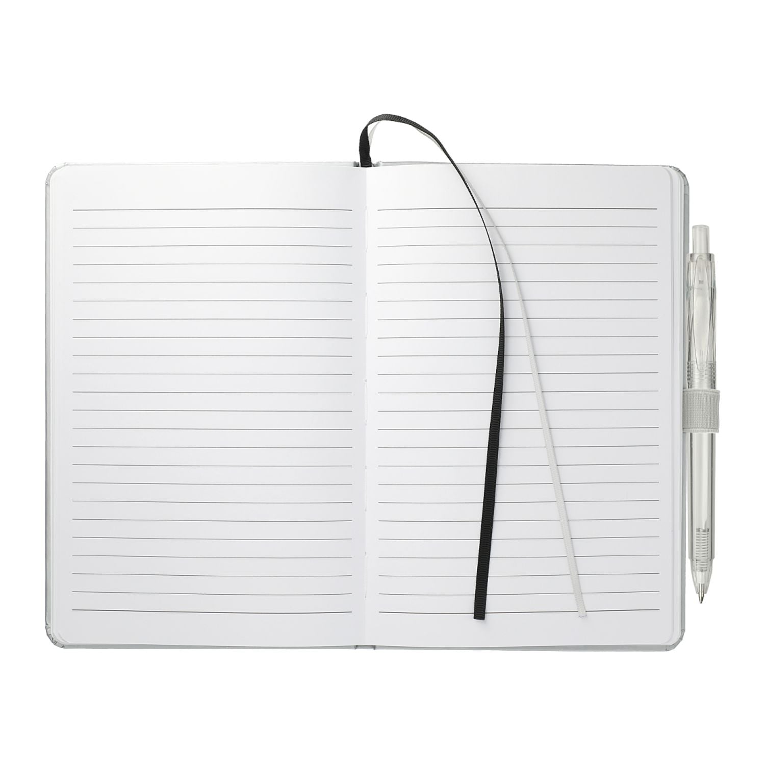 Open notebook with lined pages and a pen on a white background