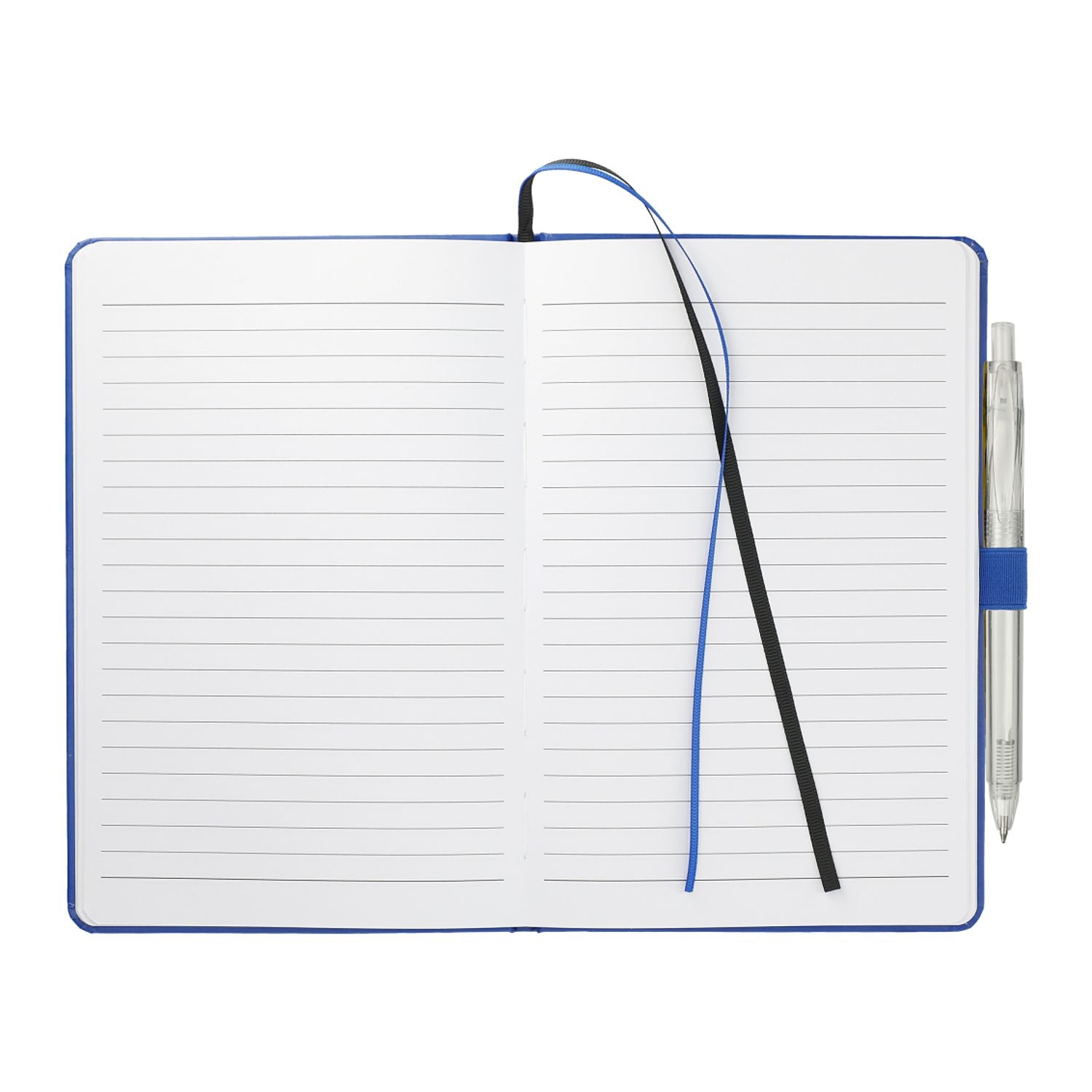 Open notebook with lined pages and a pen on a white background