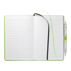 Open notebook with a pen on a white background