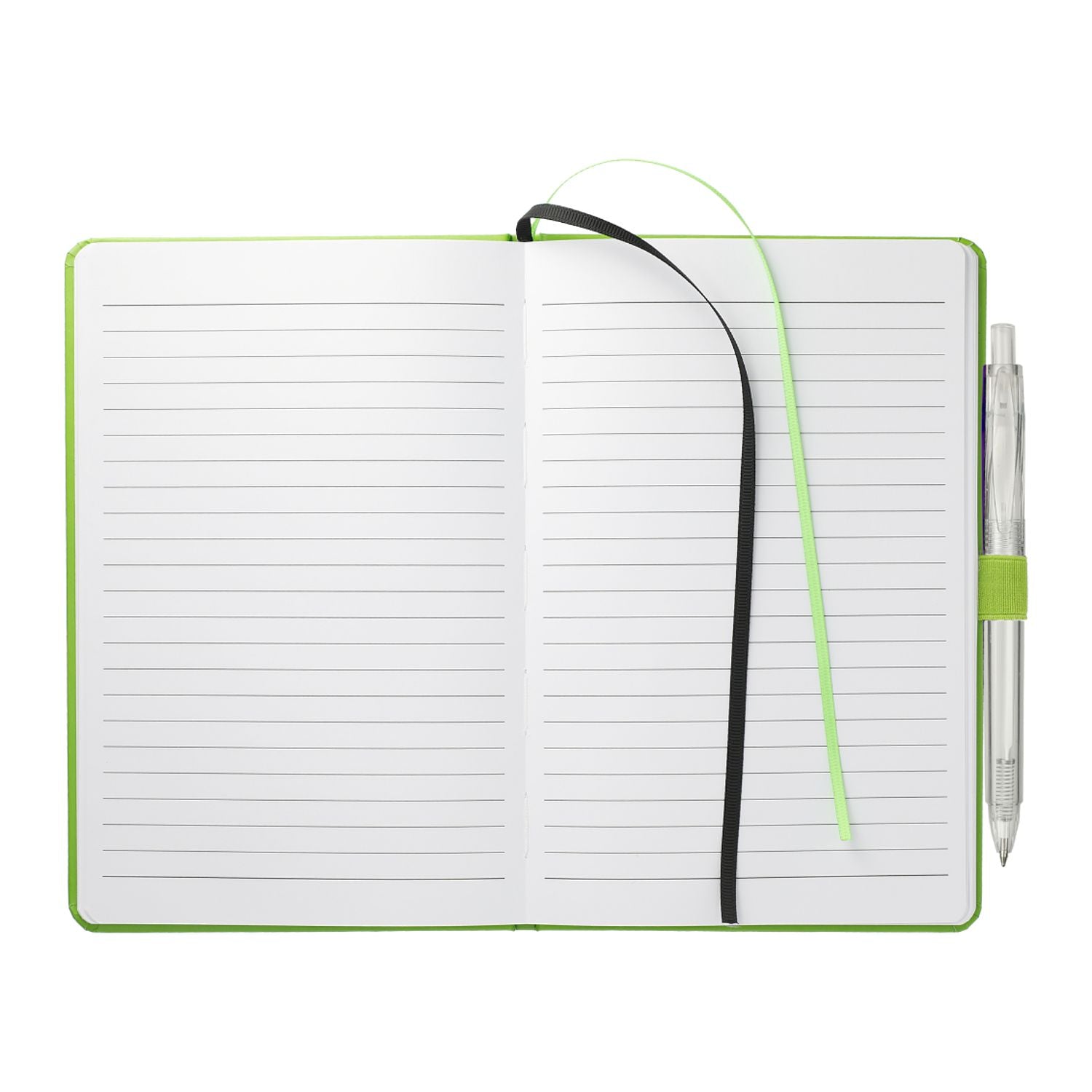 Open notebook with a pen on a white background