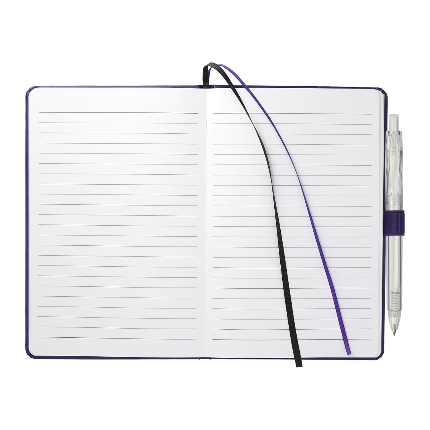 Notebook with pen holder and pen on a white background