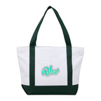 Tote bag with green handles and trim, featuring a logo on a white background