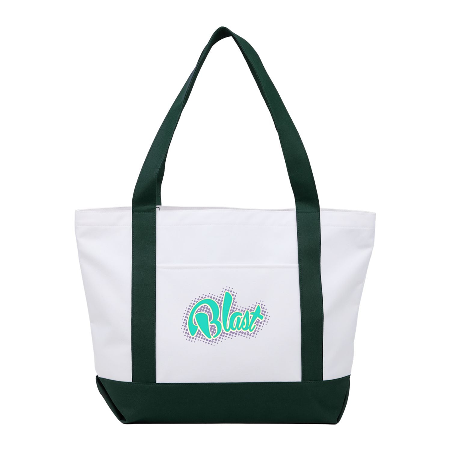 Tote bag with green handles and trim, featuring a logo on a white background