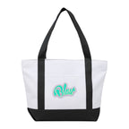 Tote bag with black handles and bottom, featuring a teal logo on a white background
