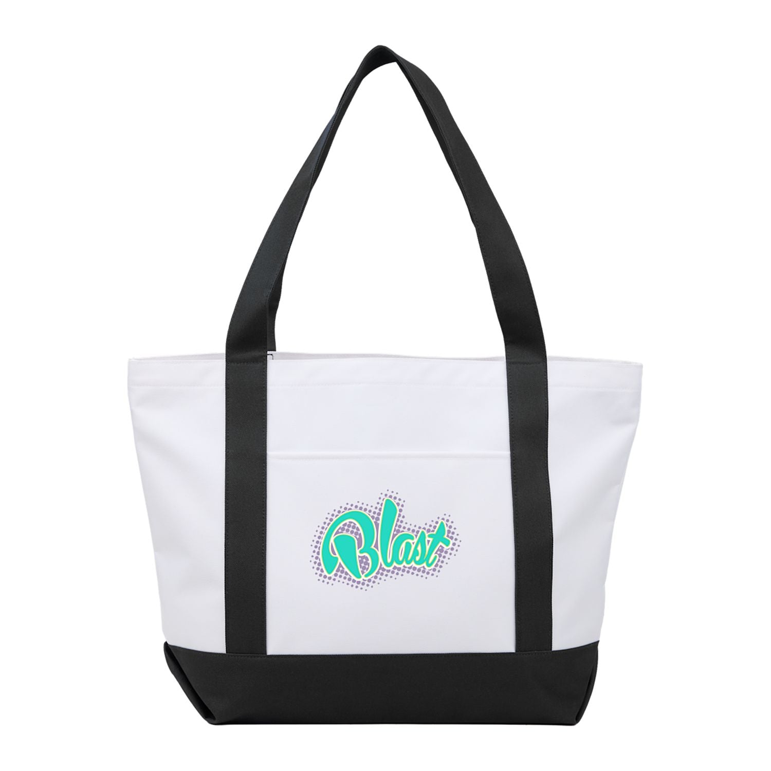Tote bag with black handles and bottom, featuring a teal logo on a white background