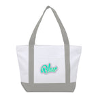 Tote bag with gray handles and a teal logo on a white background
