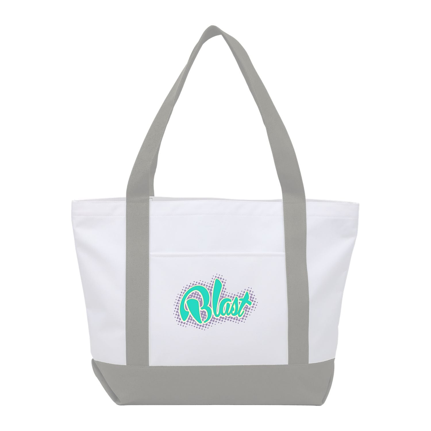 Tote bag with gray handles and a teal logo on a white background
