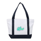 Tote bag with black straps and a teal logo on a white background