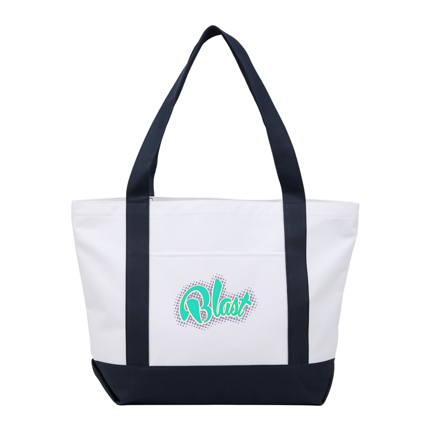 Tote bag with black straps and a teal logo on a white background