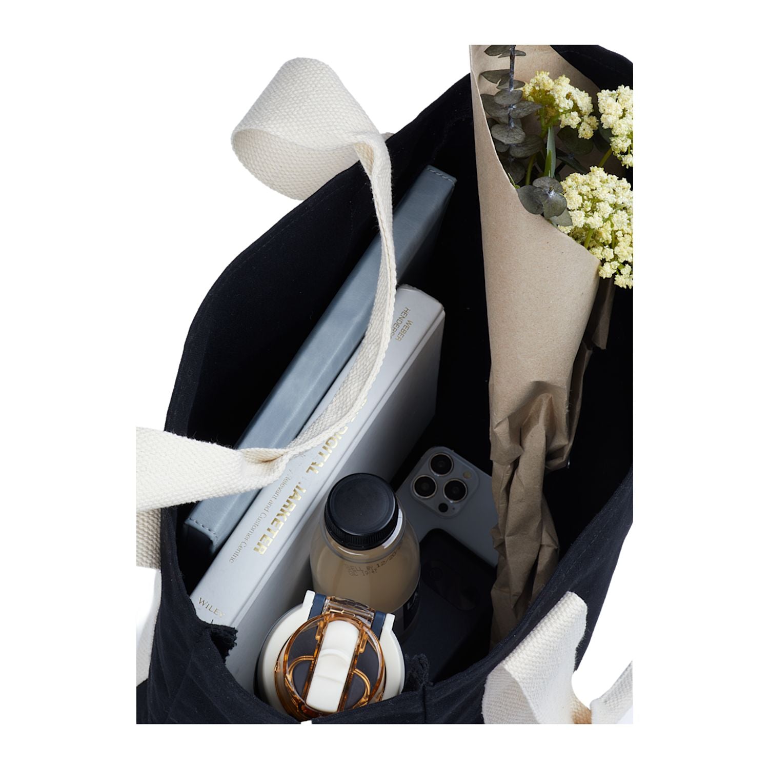 12oz Cotton Shopper Tote with Contrast Handles shown with items inside of it - items not included 
