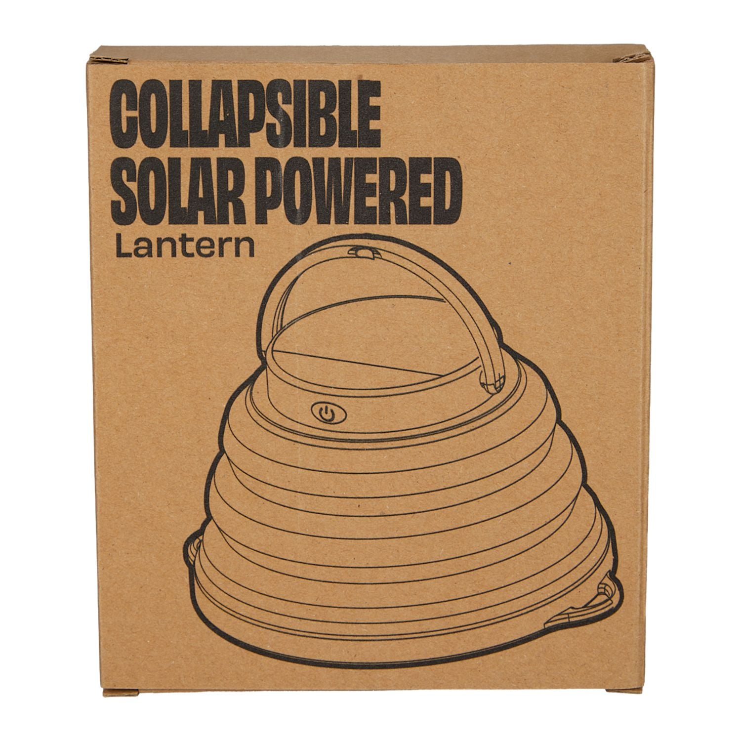 Cardboard box with collapsible solar-powered lantern design and text on a white background