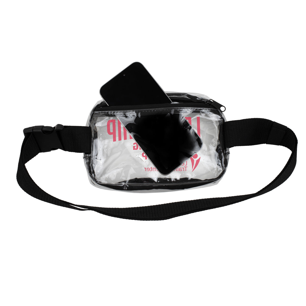 Everywhere Clear Stadium Compliant Cross-Body Belt Bag with a 1 color imprint shown from behind