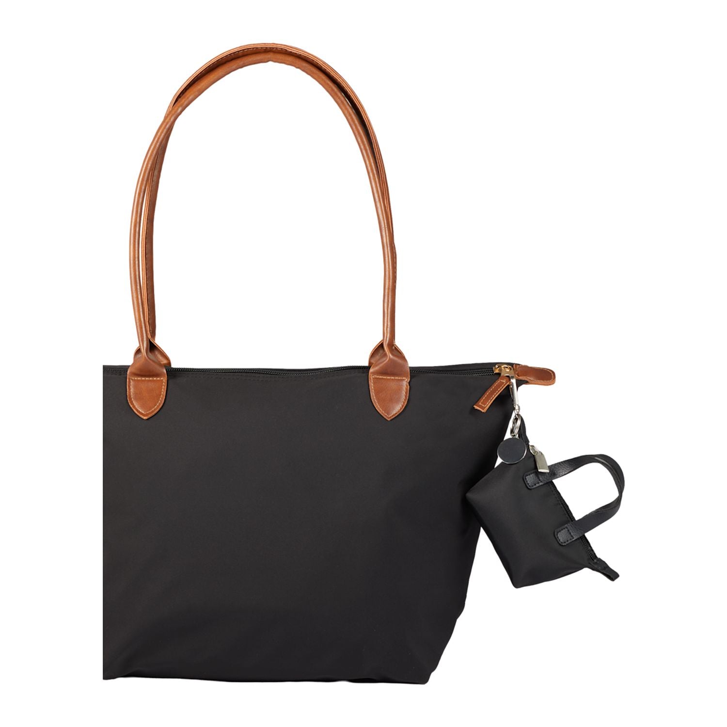 Black Mini Fontaine Tote Charm shown attached to a large tote bag
