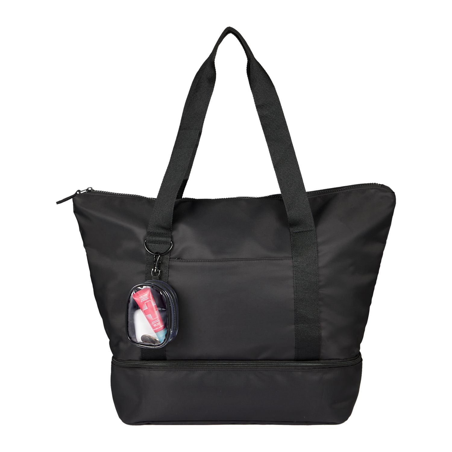 Round Clear Bag Charm shown attached to a tote bag