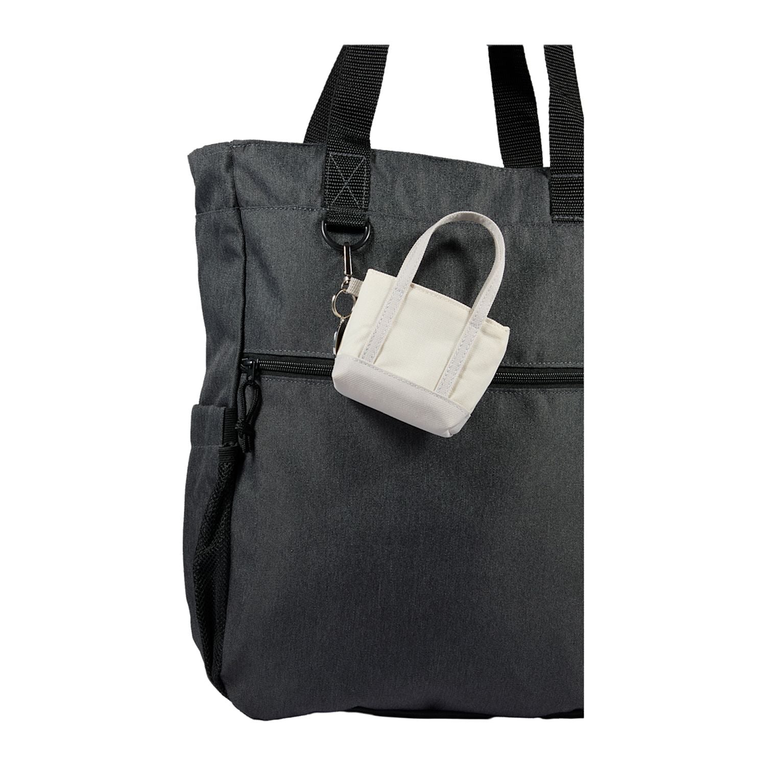 Gray Mini Tote Bag Charm shown attached to a tote bag 