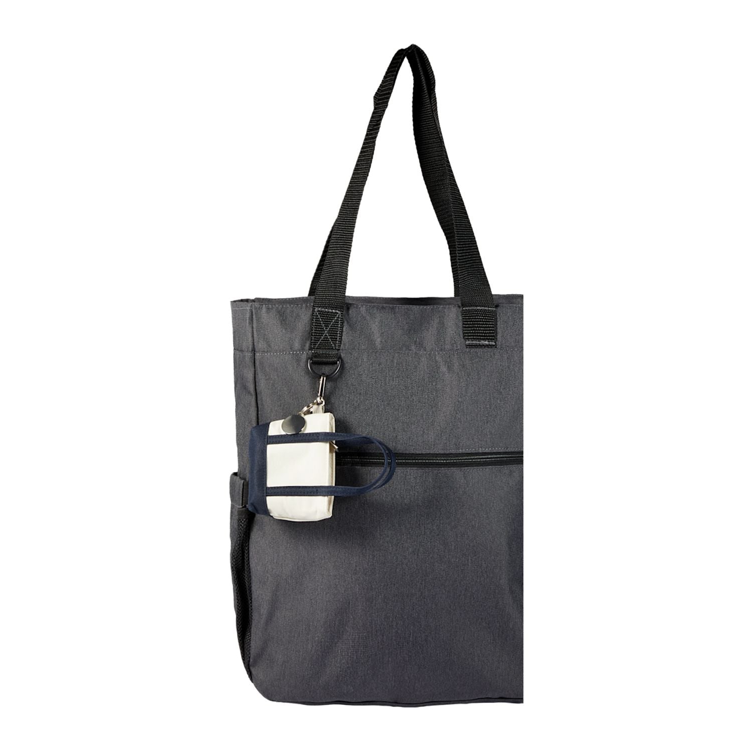 navy Mini Tote Bag Charm shown attached to a tote bag 