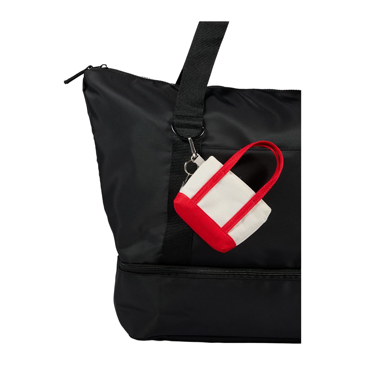 Red Mini Tote Bag Charm shown attached to a tote bag 
