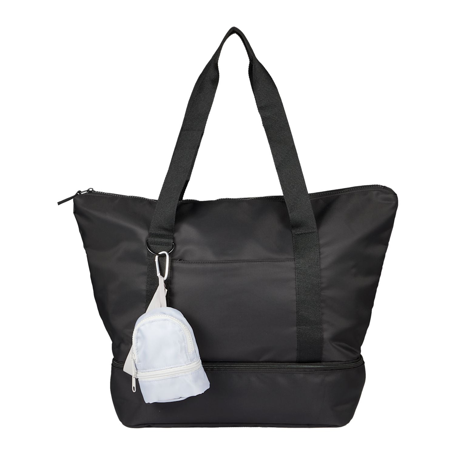 Gray Mini Daybreak Backpack Charm shown on a tote bag