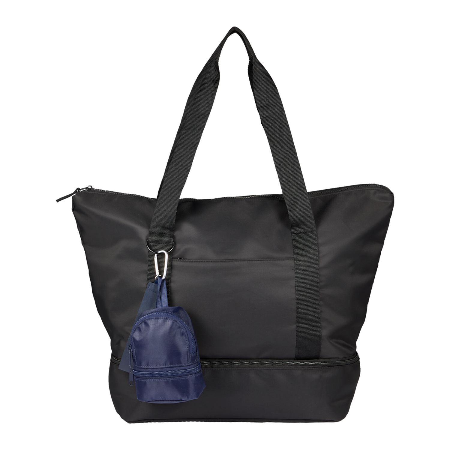 Navy Mini Daybreak Backpack Charm shown on a tote bag