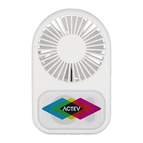 White portable fan with colorful logo on a white background