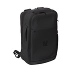 Black backpack with a brand logo on a white background