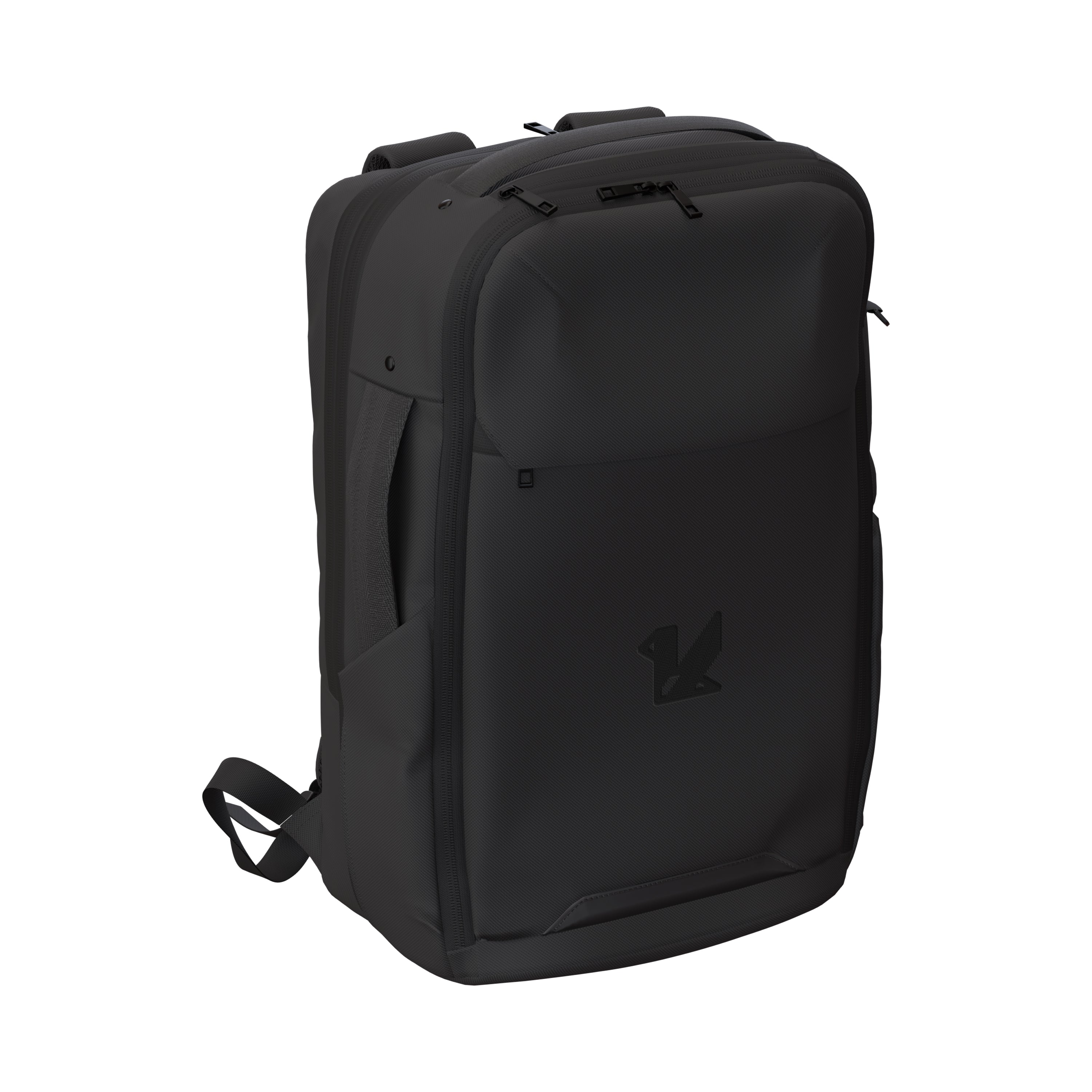 Black backpack with a brand logo on a white background