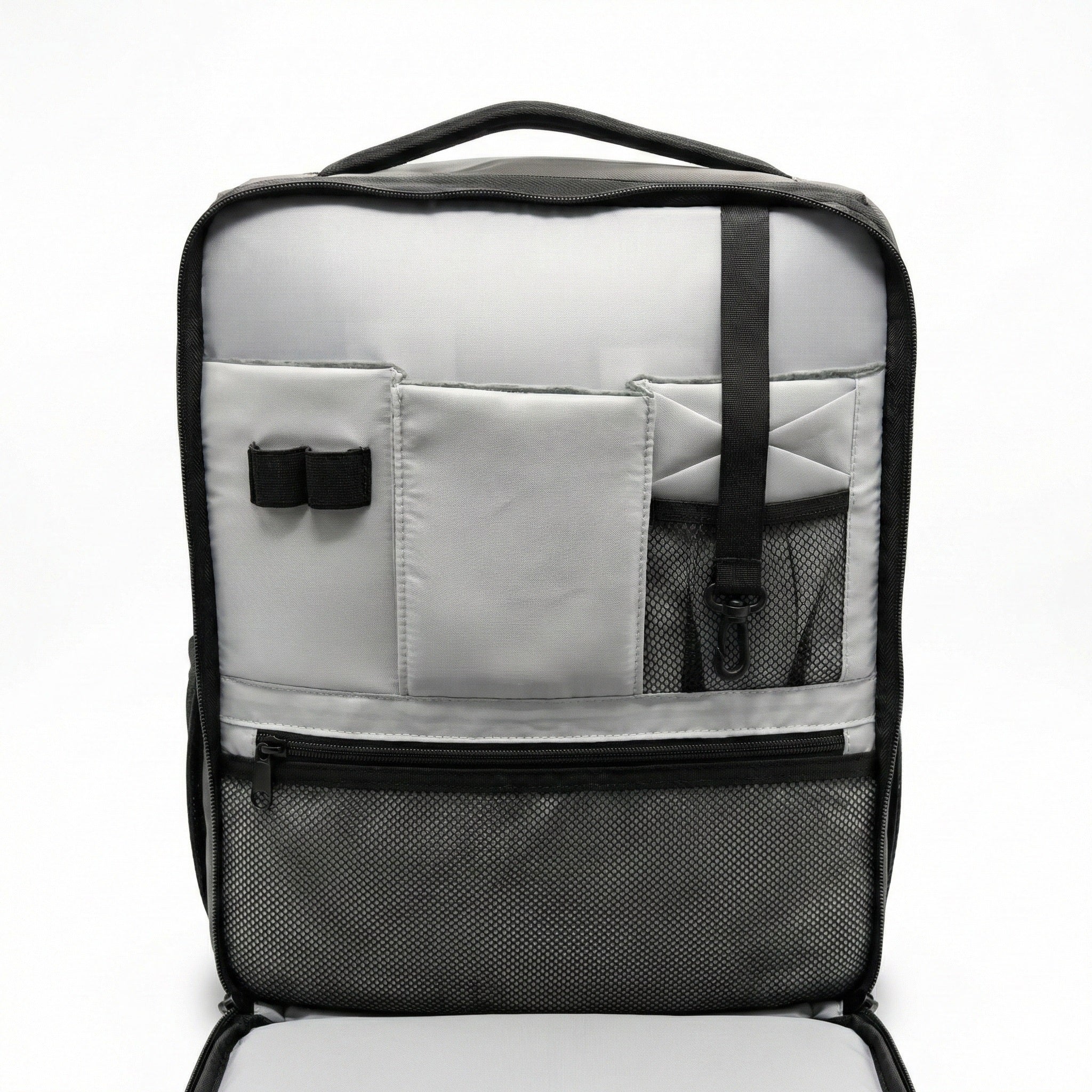 Gray backpack with black accents on a white background