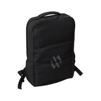 Black Flux 17" laptop Backpack with a custom logo shown from the side