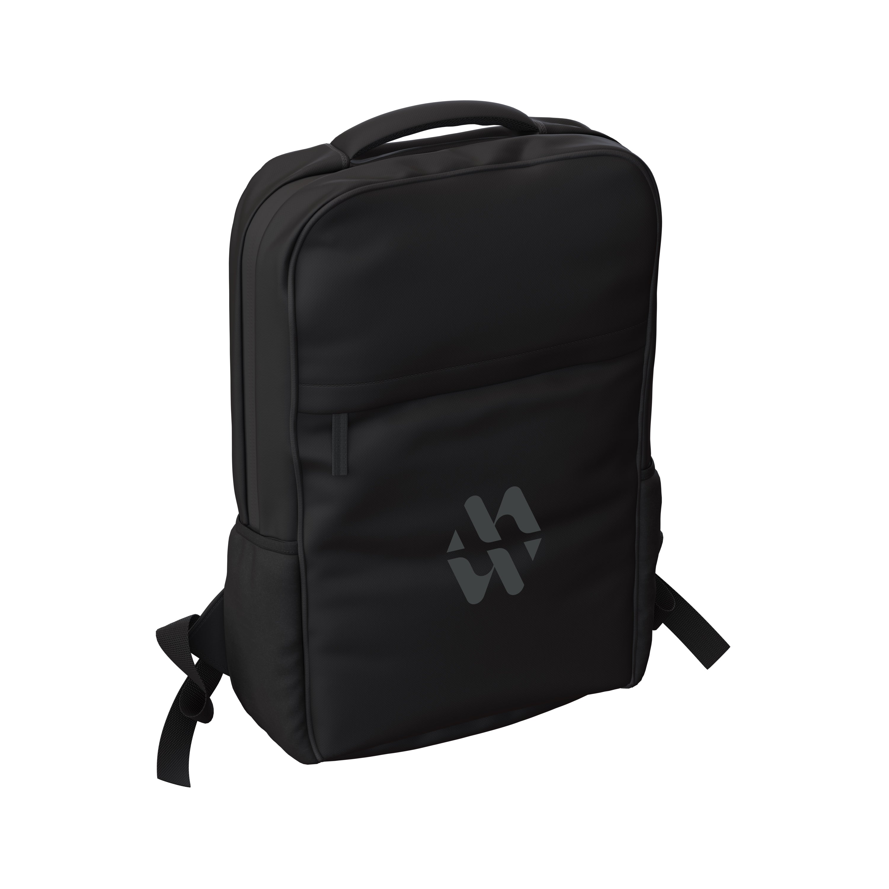 Black Flux 17" laptop Backpack with a custom logo shown from the side