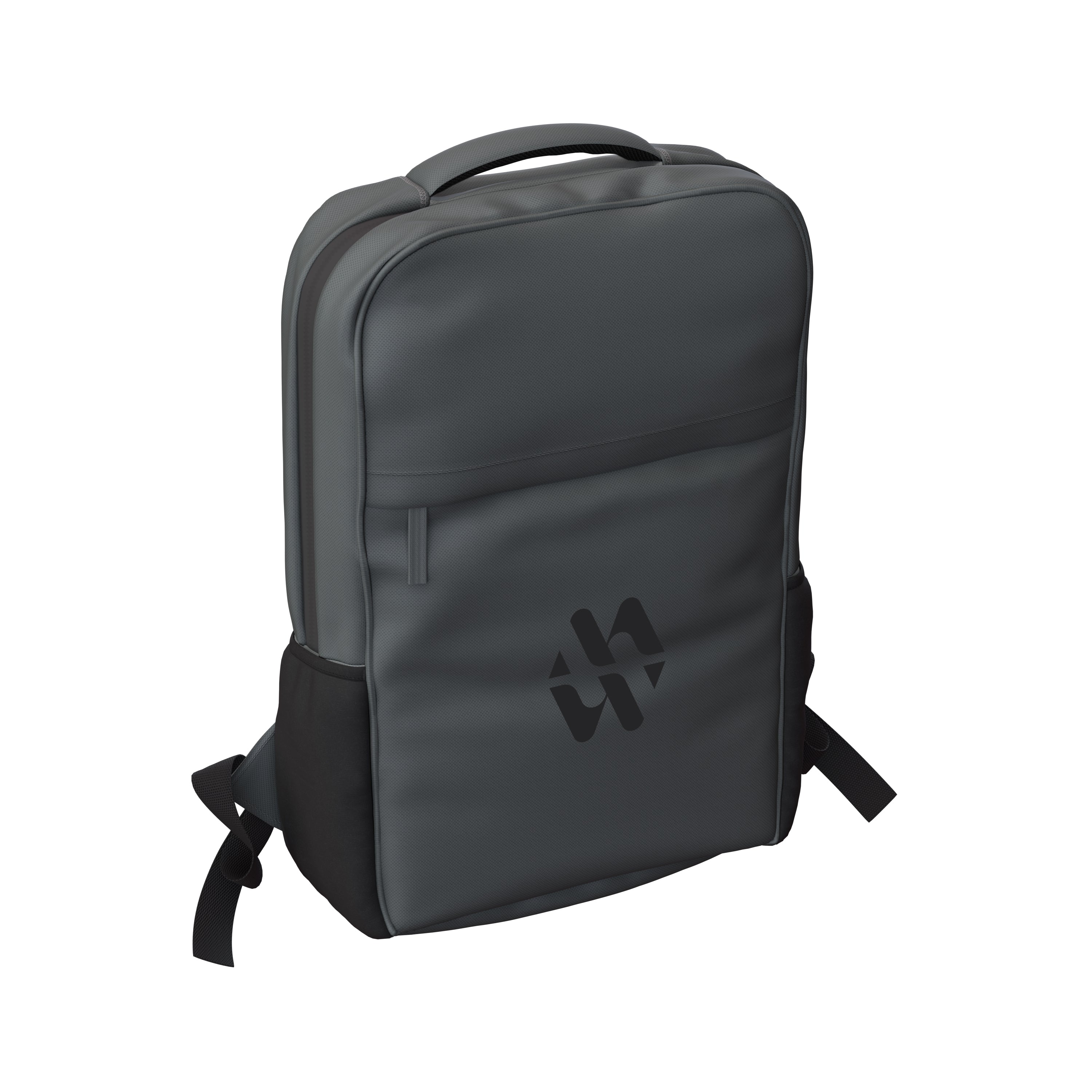 Gray Flux 17" laptop Backpack with a custom logo shown from the side