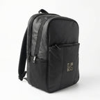 Black backpack with a visible brand logo on a white background