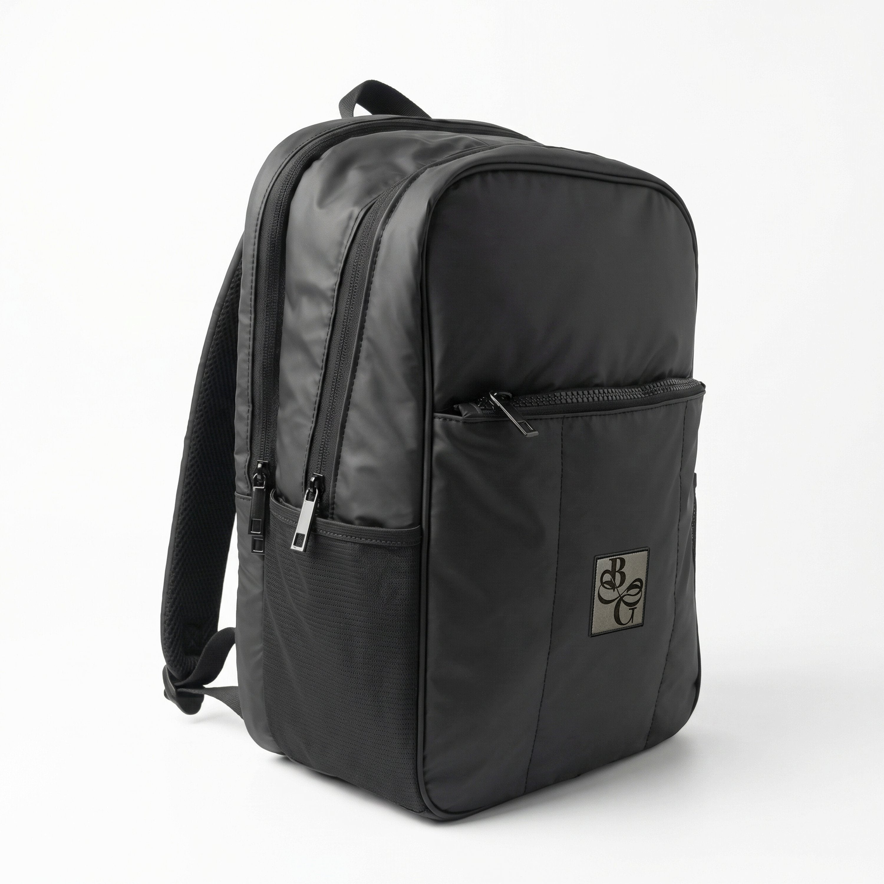 Black backpack with a visible brand logo on a white background