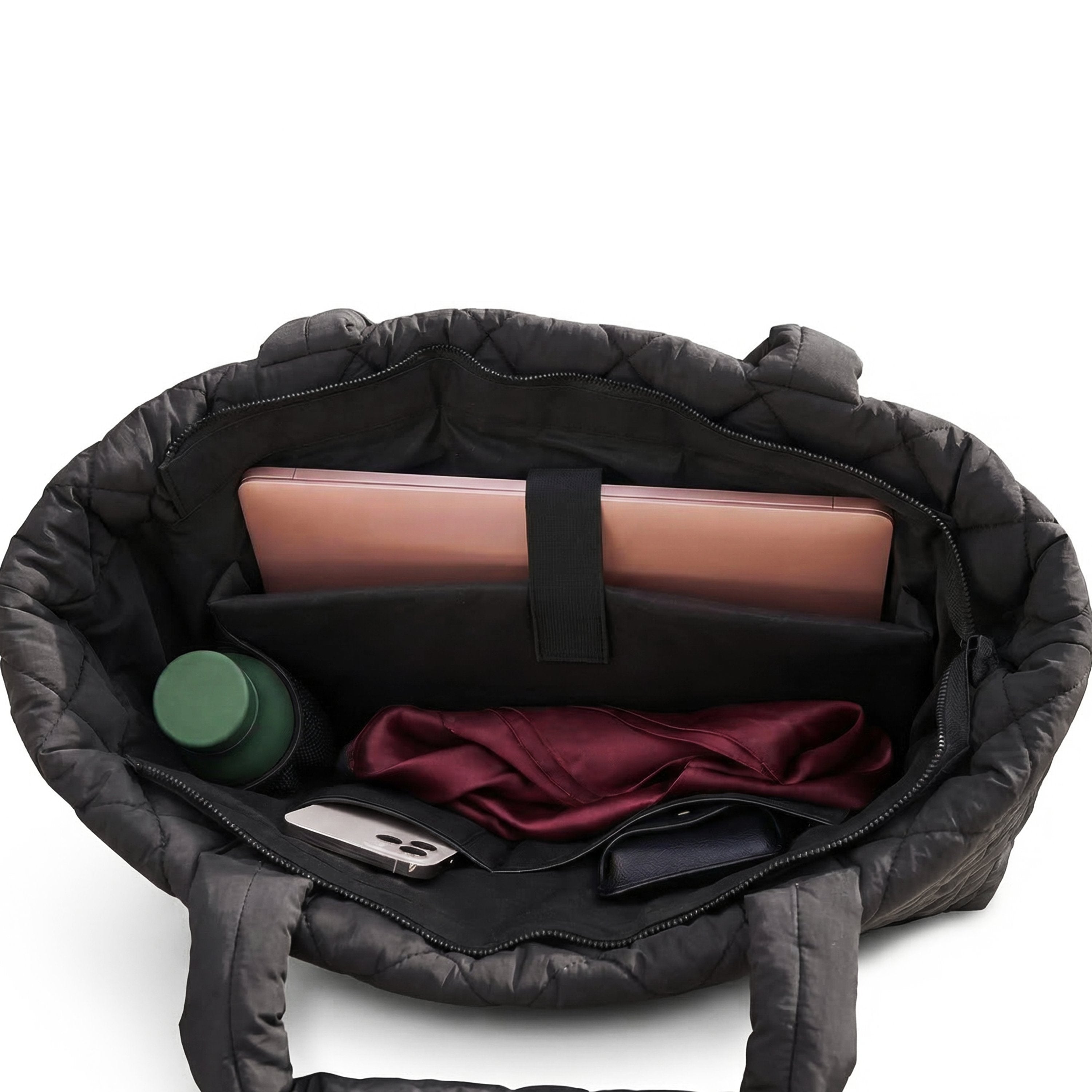 Venus 17" Laptop Tote shown opened up with contents inside of it