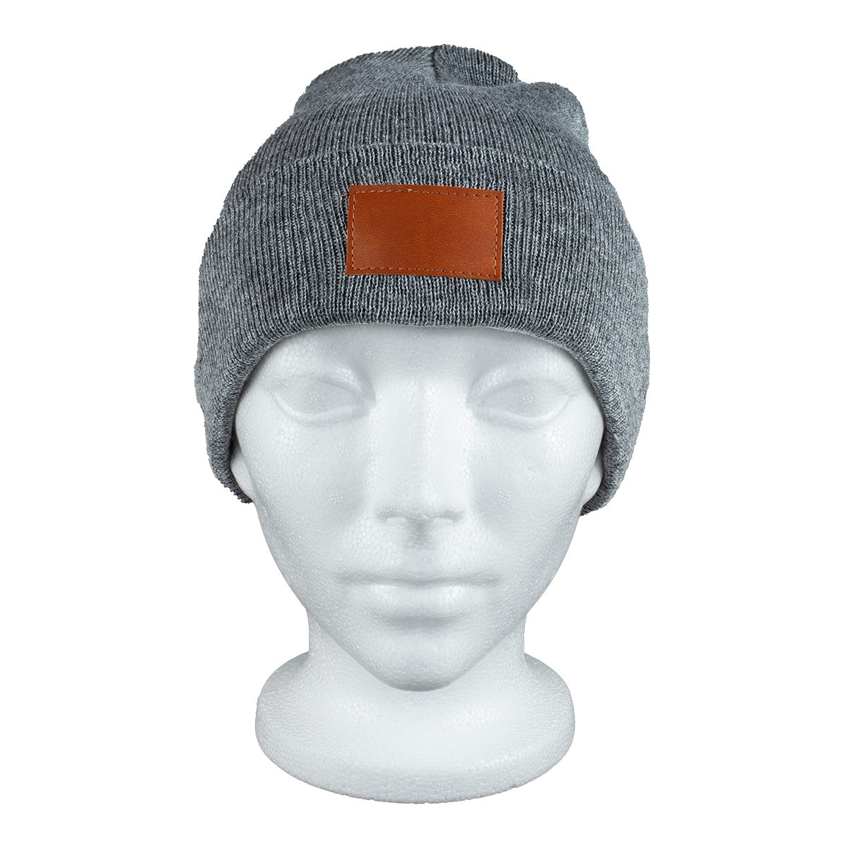 Gray Tiburon Knit Cuffed Beanie with Patch shown on a manikin 