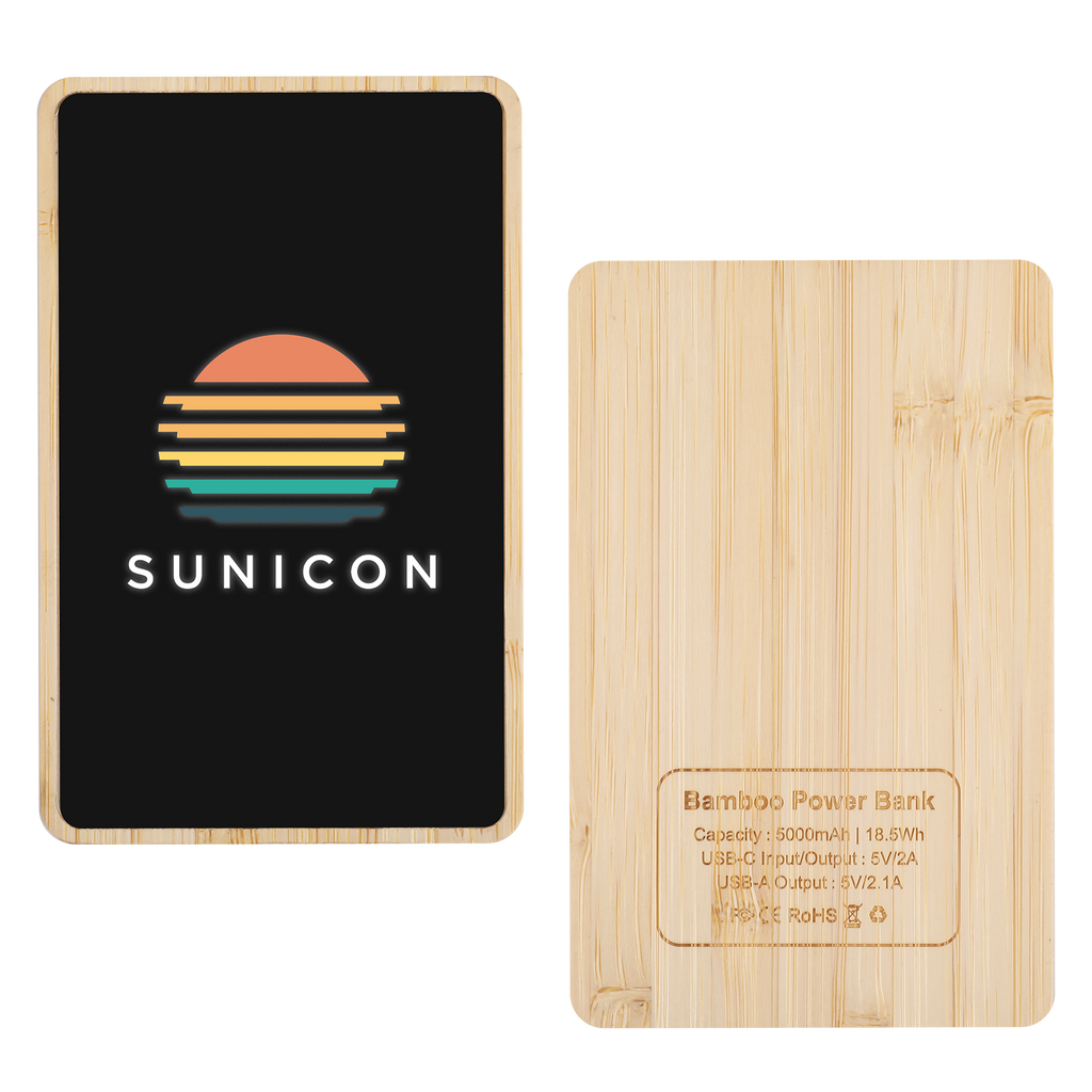 Bamboo power bank with black screen and wooden back on a white background