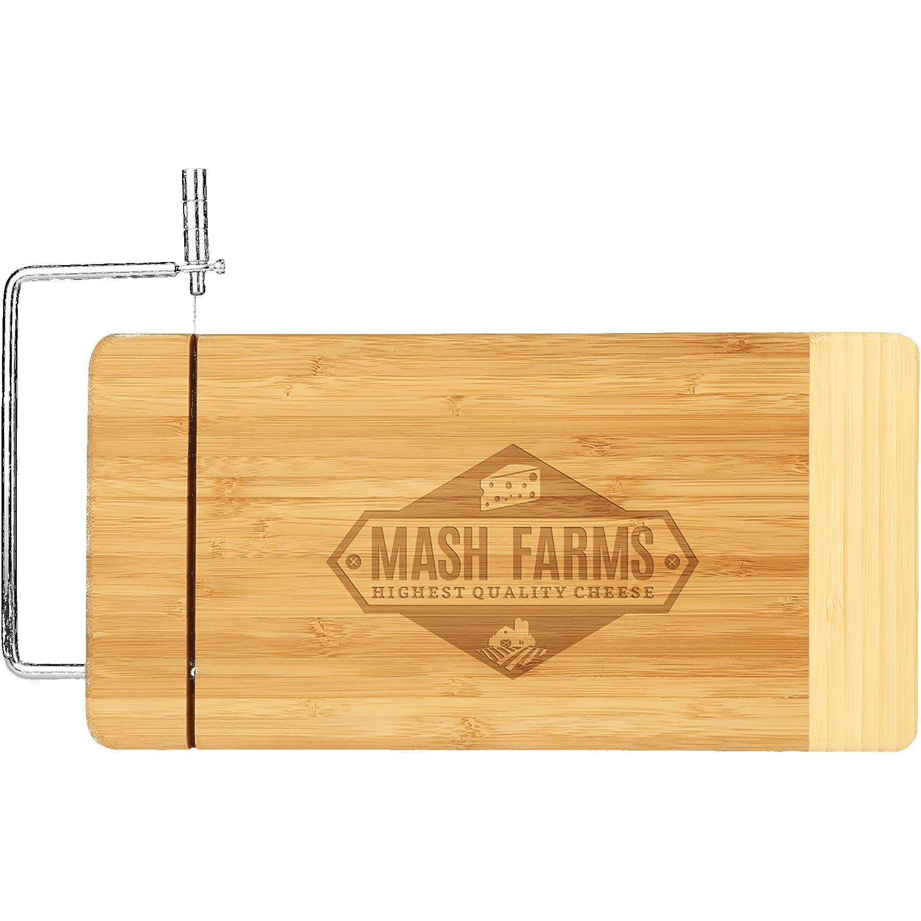 Wooden cheese board with a cheese slicer and branding on a white background