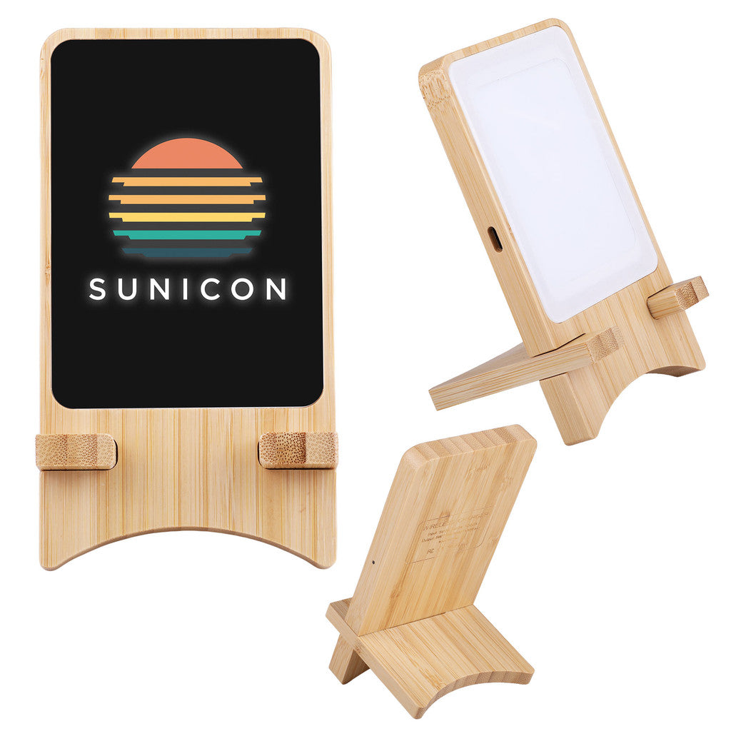 Wooden phone stand with black panel displaying a custom logo on a white background
