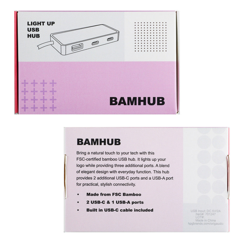 BAMHUB USB hub packaging with product illustration and text on a white background