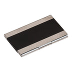 Black and silver business card holder on a white background