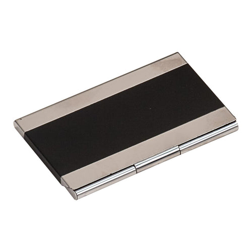 Black and silver business card holder on a white background